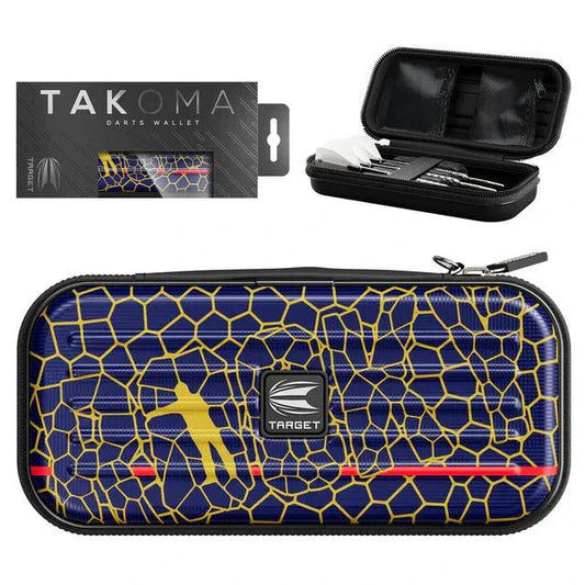 Target Josh Rock Takoma dart case with blue and gold design, velvet-lined interior, elastic strap for three darts, and zip pockets for accessories.