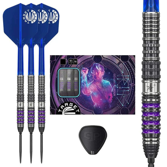 Target Japan Sirius G4 90% tungsten steel tip darts with blue flights and purple accents, featuring advanced grip and Swiss Point technology.