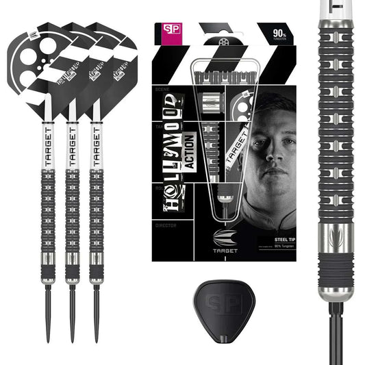 Hollywood Action 90% tungsten steel tip darts with black titanium nitride coated barrels, radial grooves, and white Pro Grip Tag shafts by Target
