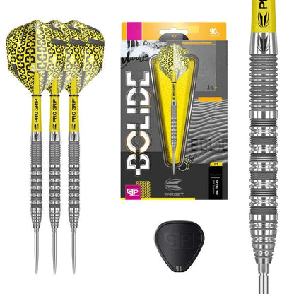 Bolide 01 Swiss Point 90% tungsten steel tip darts with yellow Pro Grip shafts and precision radial groove barrels by Target