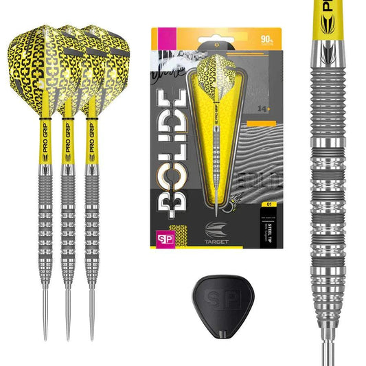 Bolide 01 Swiss Point 90% tungsten steel tip darts with yellow Pro Grip shafts and precision radial groove barrels by Target