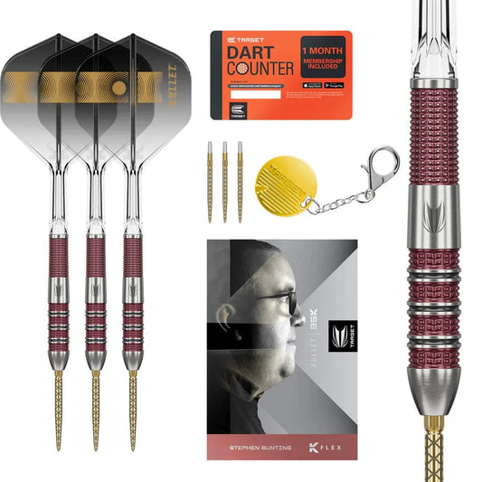 Stephen Bunting 95K steel tip darts set with 95% tungsten barrels, red grip, interchangeable Swiss Diamond Pro Points, K-Flex shafts and flights, dart counter, and carrying case.