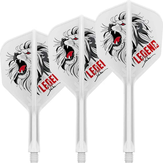 Set of four white Paul Lim K Flex dart flights featuring a roaring lion graphic and red "LEGEND" text with integrated flexible shafts and universal 2BA threads for precision darts play.