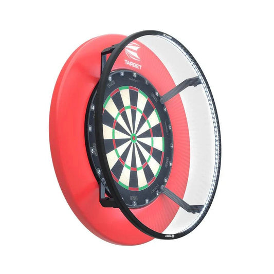 Target Corona Dartboard Lighting System with magnetic LED light ring for bright, even 360-degree illumination and easy setup on dartboards.