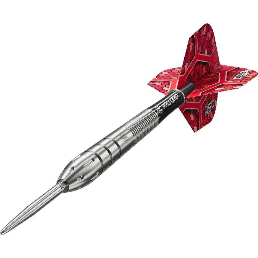Nathan Aspinall G1 90% tungsten steel tip dart with tapered barrel, radial groove grip, Pro Grip shaft, and red G1 Pro Ultra No.6 flight