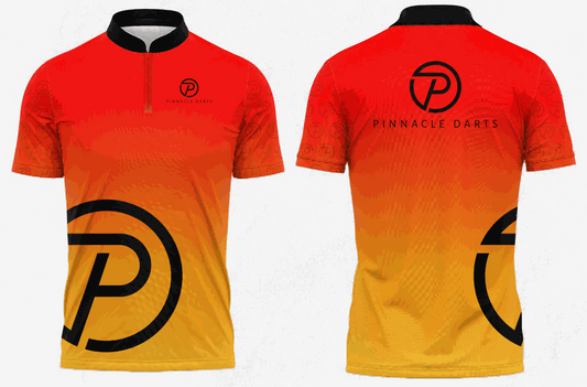 Pinnacle Darts Jersey in orange and yellow gradient with black logo and collar, short sleeves, performance fit.