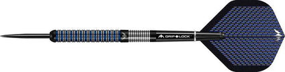 Mission Nightfall M1 steel tip dart with 90% tungsten barrel and straight ring grip, featuring black and blue flights and Grip-Lock shafts.