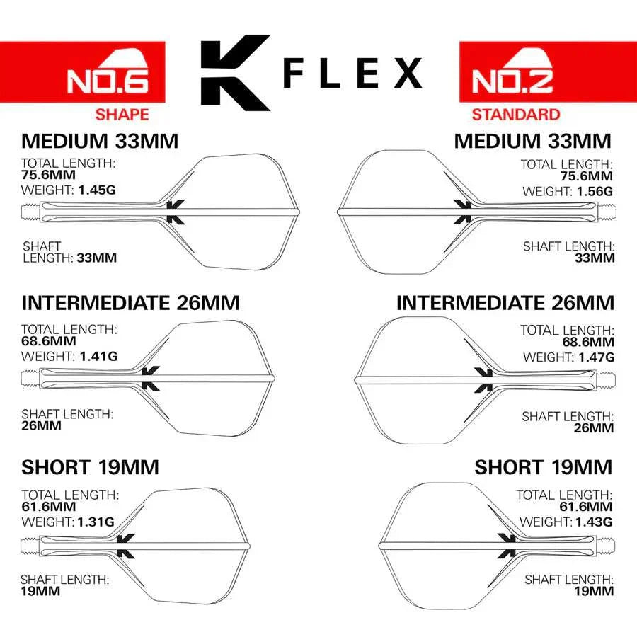 Diagram showing dimensions and weights of Target Japan Paul Lim K Flex One Piece Flights in No.6 Shape and No.2 Standard shapes with medium, intermediate, and short shaft lengths.