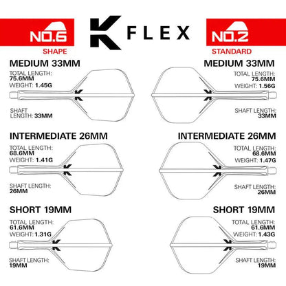 Diagram showing dimensions and weights of Target Japan Paul Lim K Flex One Piece Flights in No.6 Shape and No.2 Standard shapes with medium, intermediate, and short shaft lengths.