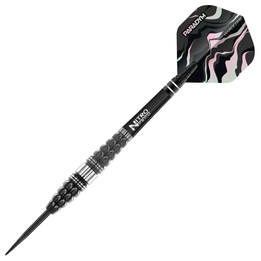 Red Dragon Paradym Torpedo 90% tungsten steel tip dart with textured grip and black-pink flights