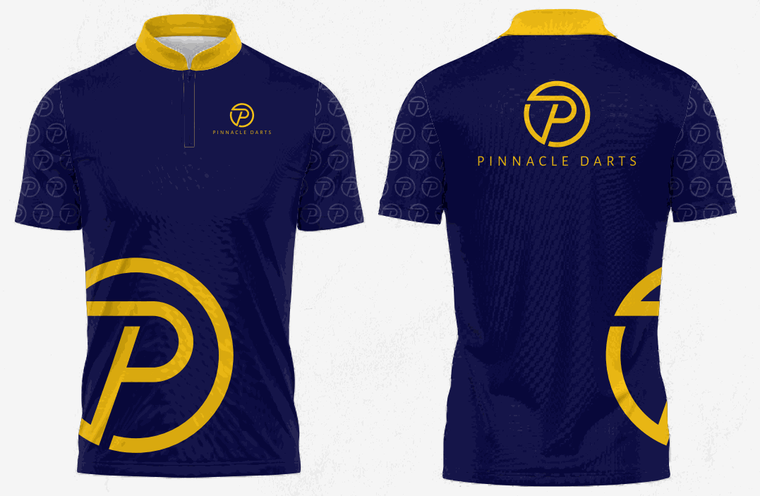 Dark blue and gold Pinnacle Darts Jersey with logo on front and back, short sleeves, and zip collar, designed for performance and comfort