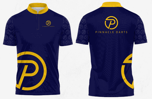 Dark blue and gold Pinnacle Darts Jersey with logo on front and back, short sleeves, and zip collar, designed for performance and comfort