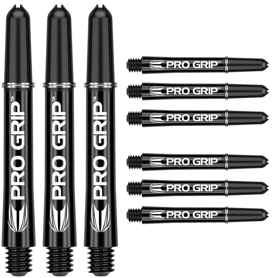 Set of Pro Grip Dart Shafts by Target in black with white logo, made of durable nylon with grip rings for flight stability.