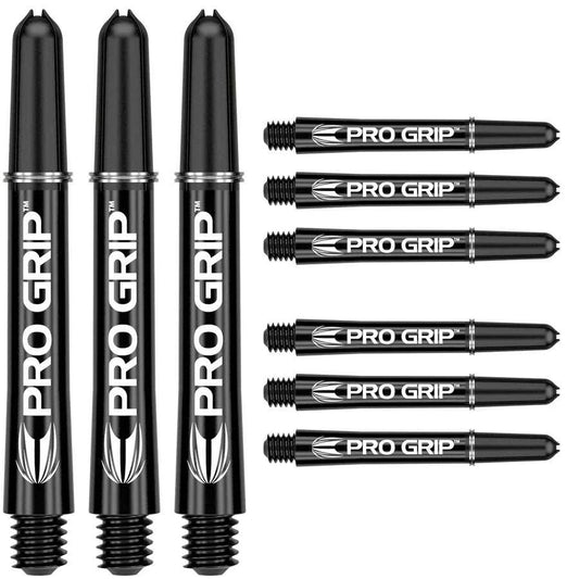 Set of Pro Grip Dart Shafts by Target in black with white logo, made of durable nylon with grip rings for flight stability.