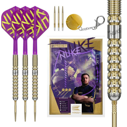 Luke Littler G1 Prodigy gold-accented 90% tungsten steel tip darts with purple flights and gold Swiss Point accessories in storage tin