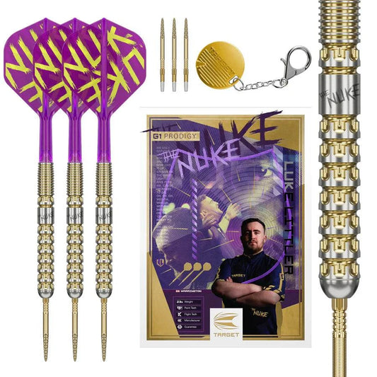 Luke Littler G1 Prodigy gold-accented 90% tungsten steel tip darts with purple flights and gold Swiss Point accessories in storage tin