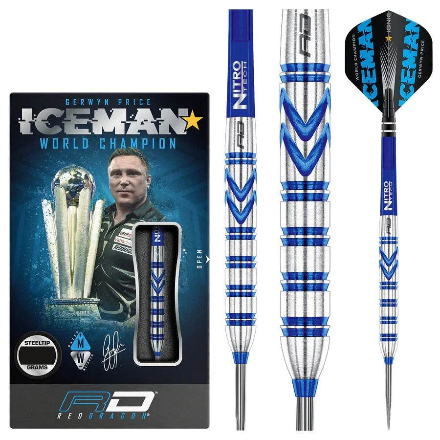 Gerwyn Price 90% tungsten steel tip darts with blue grip and Iceman flights by Red Dragon
