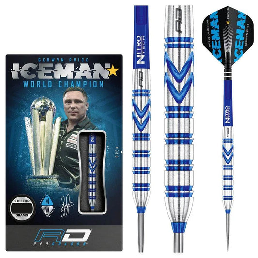 Gerwyn Price 90% tungsten steel tip darts with blue grip and Iceman flights by Red Dragon