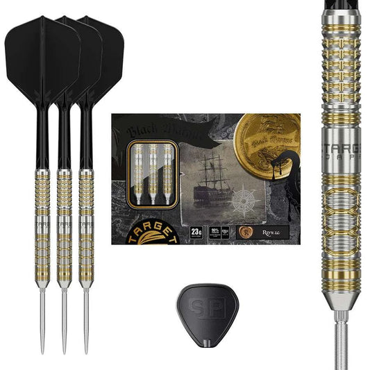 Black Marque Reyn G2 90% tungsten steel tip darts with black flights and gold PVD coated barrel featuring toothed grip and honeycomb ring cuts by Target Japan