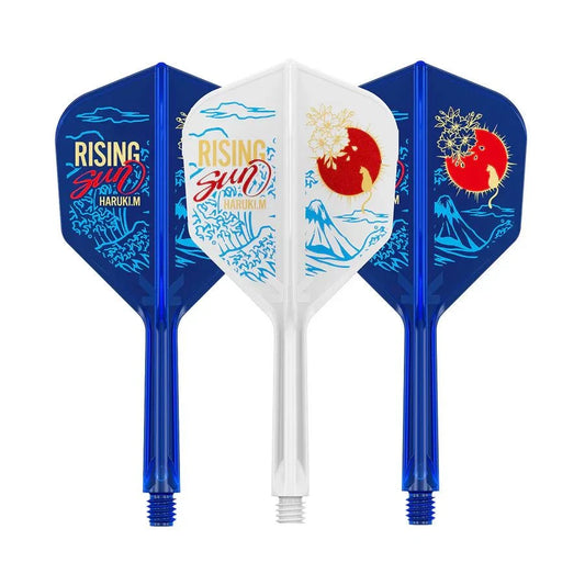 Set of three Haruki Muramatsu Rising Sun K-Flex No6 darts flights and shafts by Target Japan with blue and white designs featuring a red sun and mountain motif