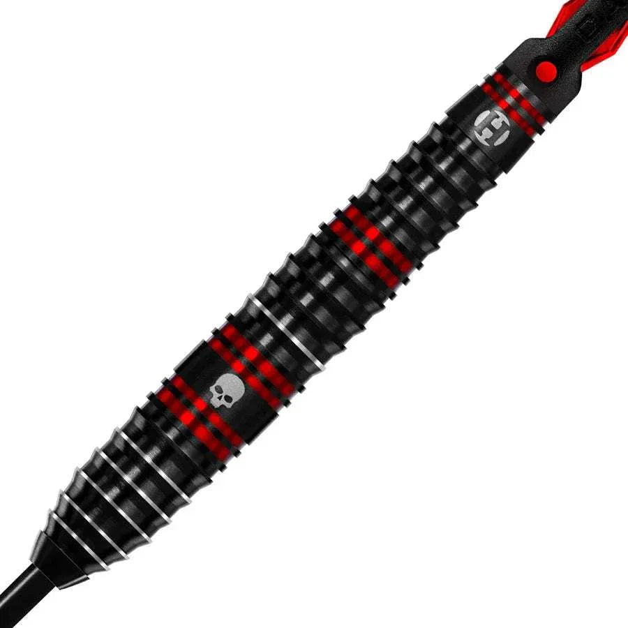 Close-up of Ryan Searle 90% tungsten steel tip dart with black titanium nitride coating and red metallic rings