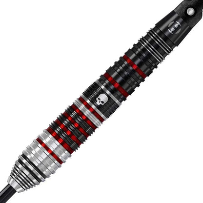 Ryan Searle Series 2 90% tungsten steel tip dart with black, red, and silver ringed grip and skull design