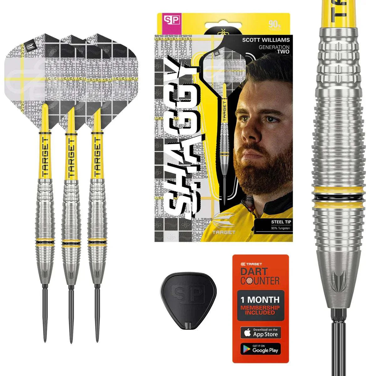 Scott Williams G2 90% Tungsten steel tip darts set with yellow shafts, plaid flights, precision milled barrels, and dart counter membership.