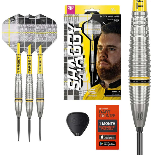 Scott Williams G2 90% Tungsten steel tip darts set with yellow shafts, plaid flights, precision milled barrels, and dart counter membership.