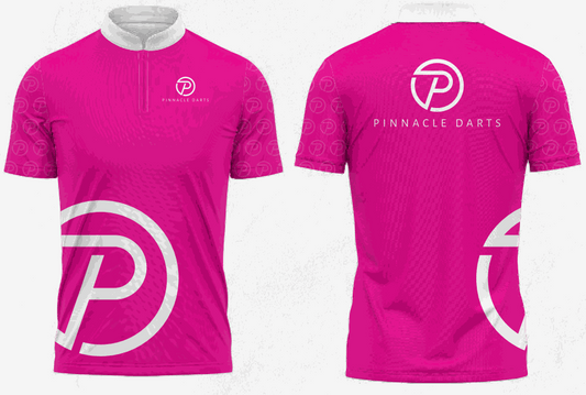 Pink and white Pinnacle Darts Jersey with logo on front and back, short sleeves, and a snug fit designed for performance and comfort.