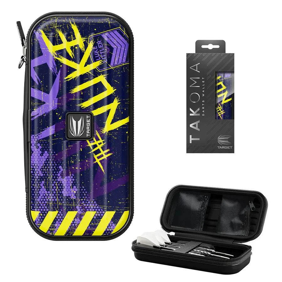 Luke Littler Target Takoma darts wallet with purple and yellow design, durable EVA case, elastic strap, and zip pockets for accessories