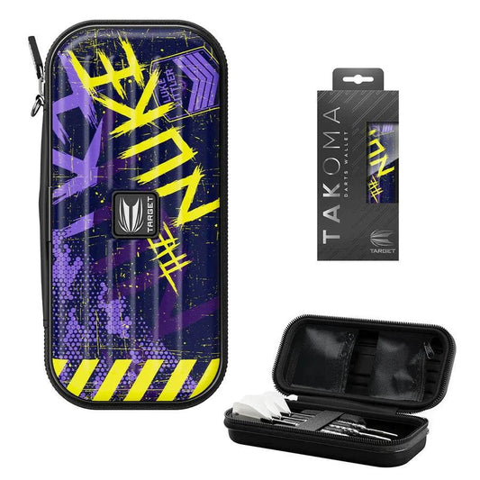 Luke Littler Target Takoma darts wallet with purple and yellow design, durable EVA case, elastic strap, and zip pockets for accessories