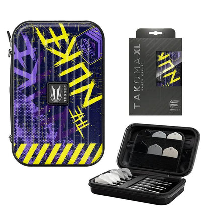 Takoma Dart Case XL by Target in purple and yellow with elastic straps and zip pockets for organized dart storage