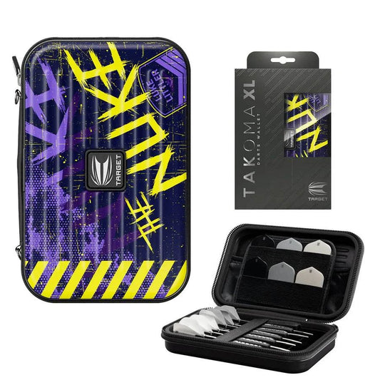 Takoma Dart Case XL by Target in purple and yellow with elastic straps and zip pockets for organized dart storage