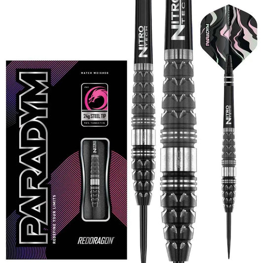 Paradym Torpedo 90% tungsten steel tip darts with textured sabre grip by Red Dragon, 24g match-weighted set