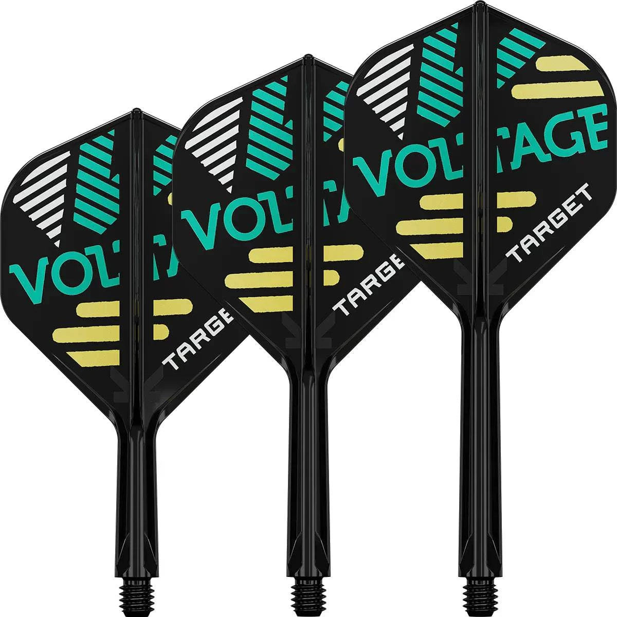 Set of four Target Rob Cross K-Flex No.2 dart flights and shafts in black with teal and yellow "VOLTAGE" design.