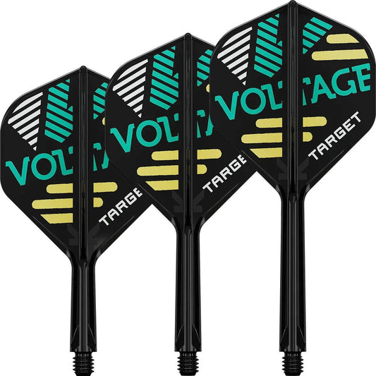 Set of four Target Rob Cross K-Flex No.2 dart flights and shafts in black with teal and yellow "VOLTAGE" design.