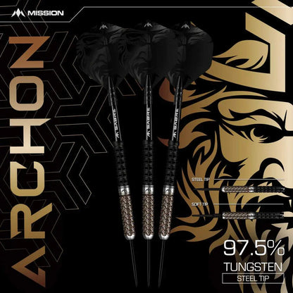 Set of Mission Archon steel tip darts made with 97.5% tungsten, featuring black and bronze detailed barrels with milled symbols and enhanced grip design.