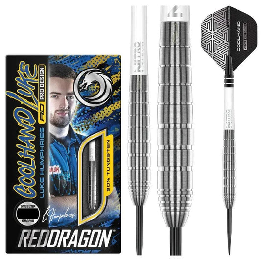 Luke Humphries TX1 90% tungsten steel tip darts with torpedo profile and Hardcore flights by Red Dragon