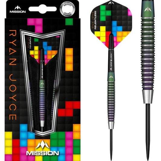 Mission Ryan Joyce Relentless coral PVD steel tip dart with 95% tungsten barrel and secure S-Lock flights