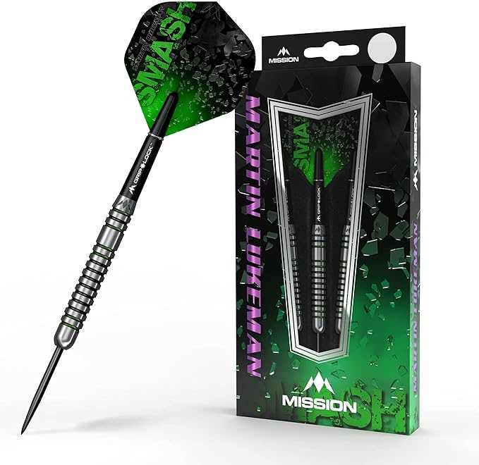 Mission Martin Lukeman 90% tungsten steel tip darts in black and green with included flights and shafts in packaging