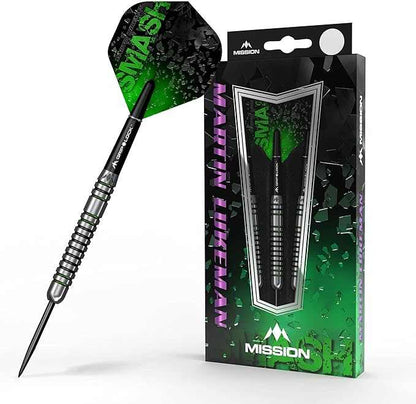 Mission Martin Lukeman 90% tungsten steel tip darts in black and green with included flights and shafts in packaging
