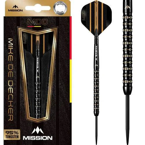 Mission Mike De Decker black gold PVD steel tip darts with 95% tungsten barrels and signature flights