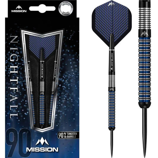Mission Nightfall Darts steel tip set with 90% tungsten straight ring barrels, blue and black design, including flights and shafts with S-Lock rings.