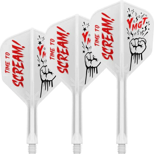 Target Japan Scream dart flights with bold comic book fist design and "Time to Scream!" slogan in red on white background