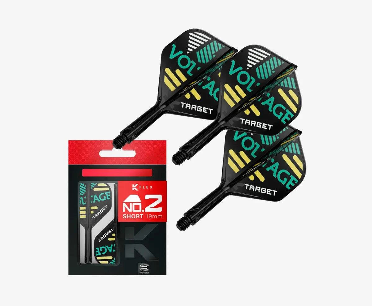Target Rob Cross K-Flex No.2 dart flights and shafts with Voltage design, black with teal and yellow accents, 2BA thread, short 19mm shafts.