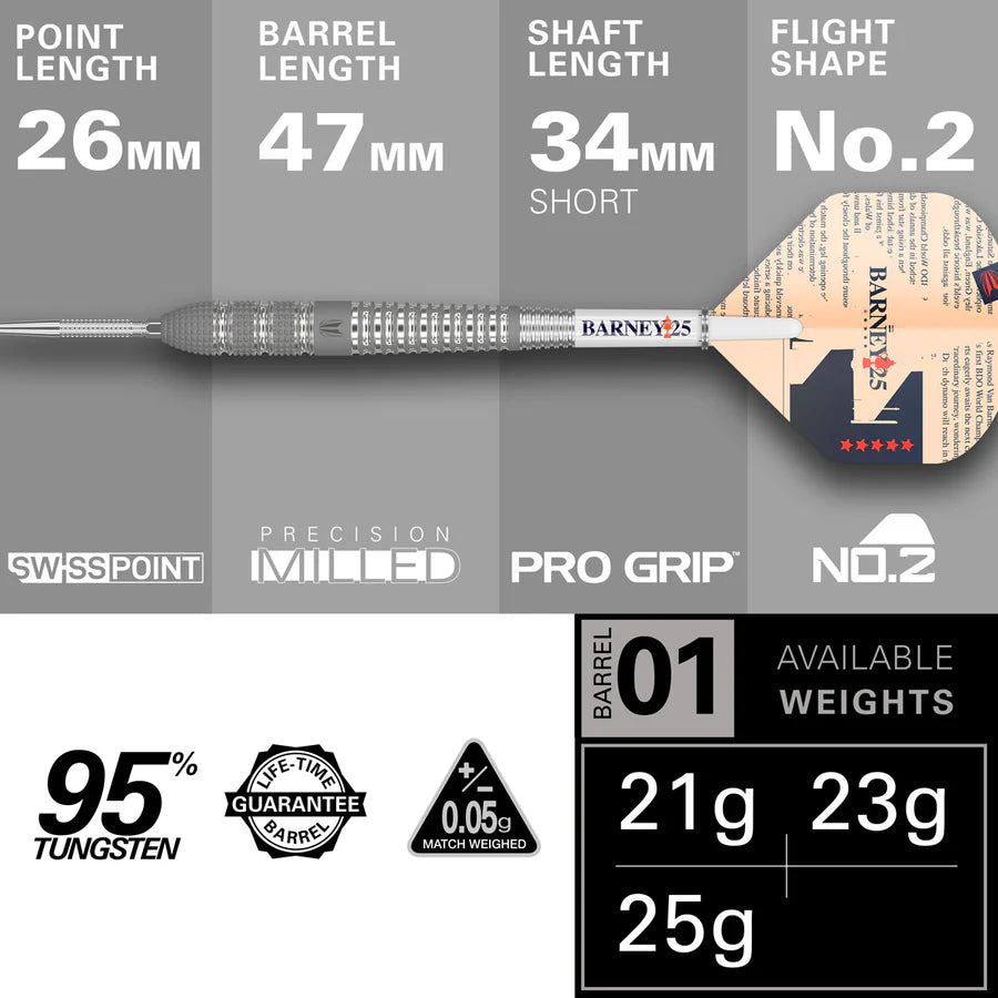 Barney 25 95% Tungsten SP Steel Tip Darts