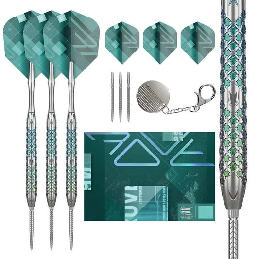 Rove 03 90% Tungsten steel tip darts with green diamond-like carbon finish and precision milling in black storage tin