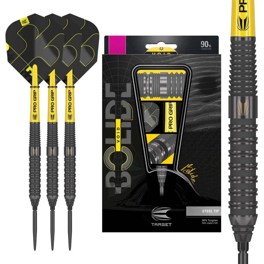 Set of three Bolide Void 02 steel tip darts with 90% tungsten black titanium barrels, featuring textured grip and yellow flights, displayed with black and yellow Target branded packaging.