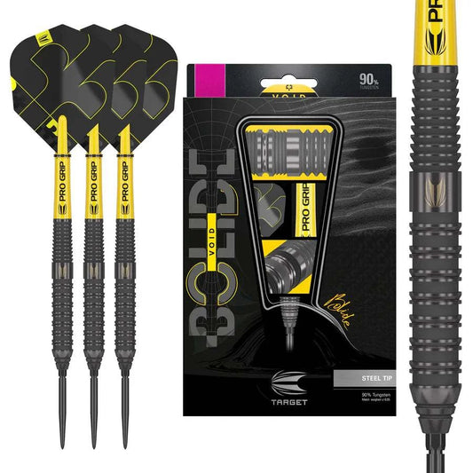 Set of three Bolide Void 02 steel tip darts with 90% tungsten black titanium barrels, featuring textured grip and yellow flights, displayed with black and yellow Target branded packaging.