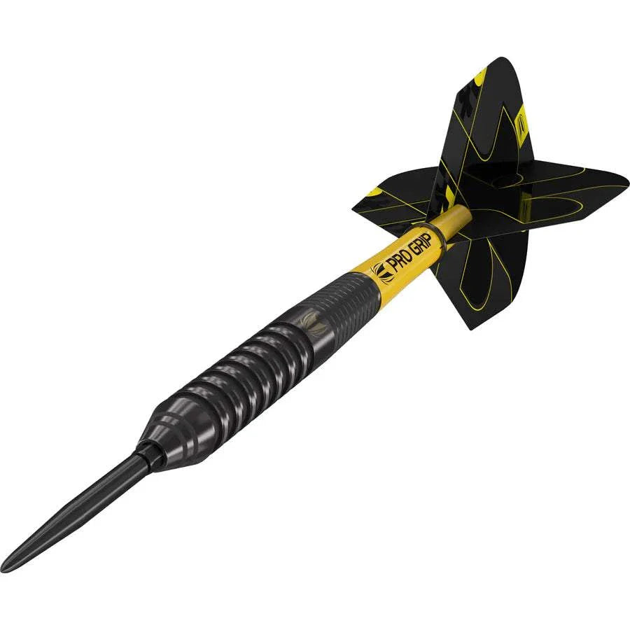 Bolide Void 02 black and yellow steel tip dart with 90% tungsten barrel and pro grip shaft